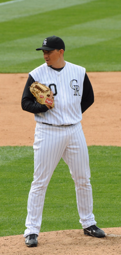 Brian Fuentes pitching for the Colorado Rockies at Coors Field in 2008