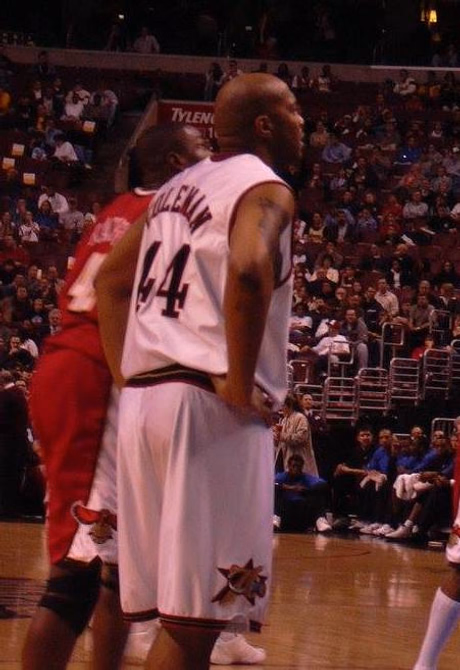Derrick Coleman wearing a Philadelphia 76ers No. 44 jersey during a 2003 game