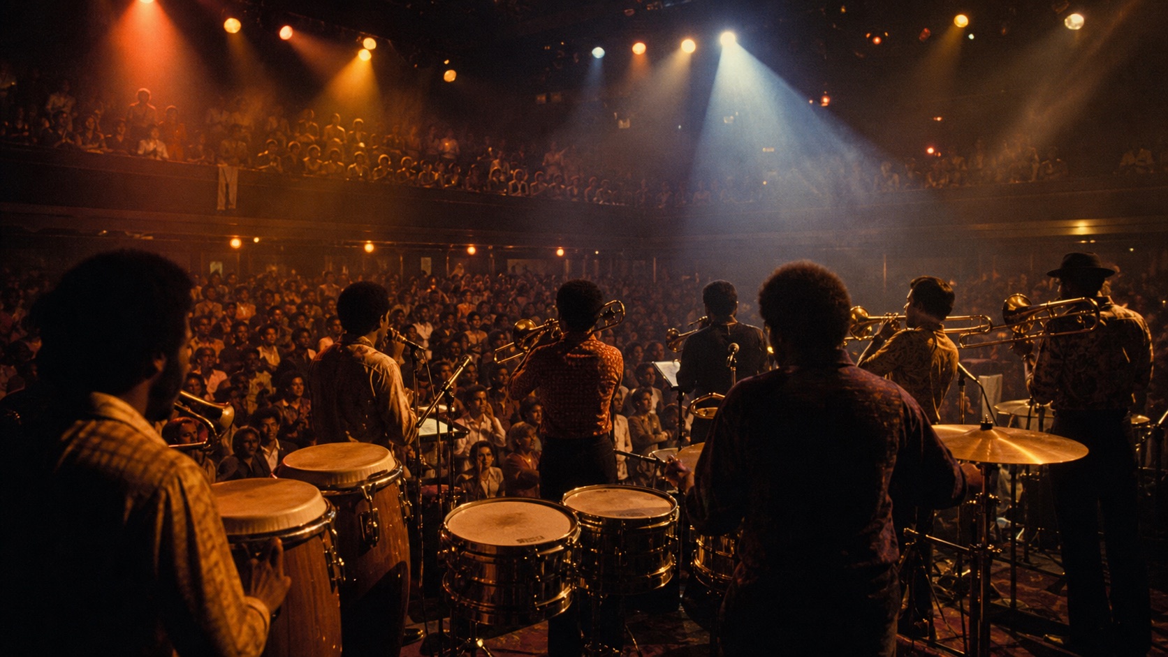 Wide editorial illustration of a 1970s salsa concert with brass, congas, timbales, and a packed audience