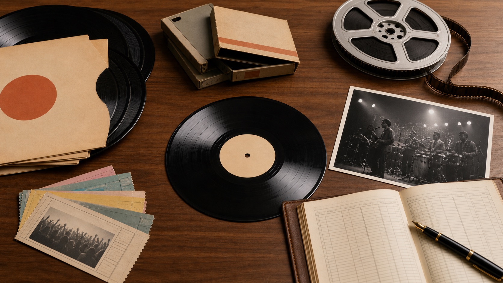 Vinyl records, film reel, royalty ledger, and master tape boxes symbolizing Fania Records catalog value