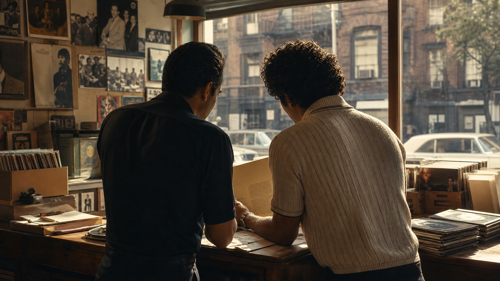 Editorial illustration of two 1960s New York music partners reviewing record label paperwork in a record shop