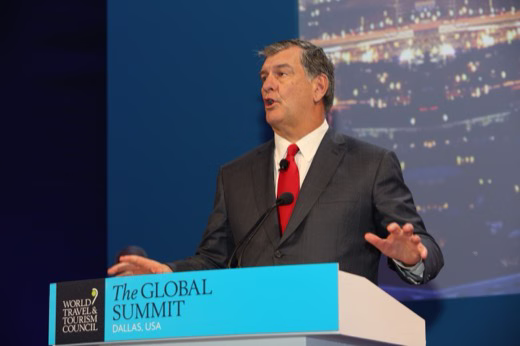 Mike Rawlings speaking at the World Travel and Tourism Council Global Summit in Dallas in 2016
